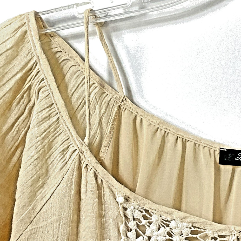 Honey Punch Boho Gauze Peasant‎ Blouse Crochet Lace Button Keyhole Beige S - Picture 3 of 4
